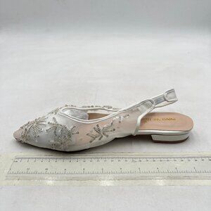 White Mesh Pearl Bridal Slingback Pump Pointed Toe Slip On Low Heel Wedding Shoe